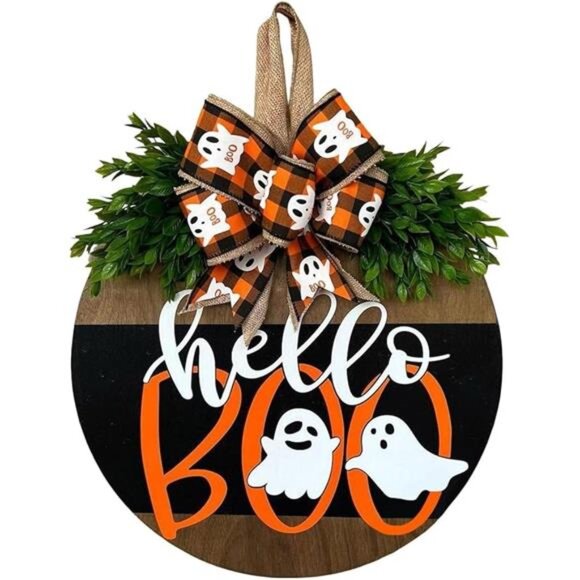 Halloween Ghost Door Sign - Cute Wood Wreath for Front Door & Porch Decor - Picture 6 of 6